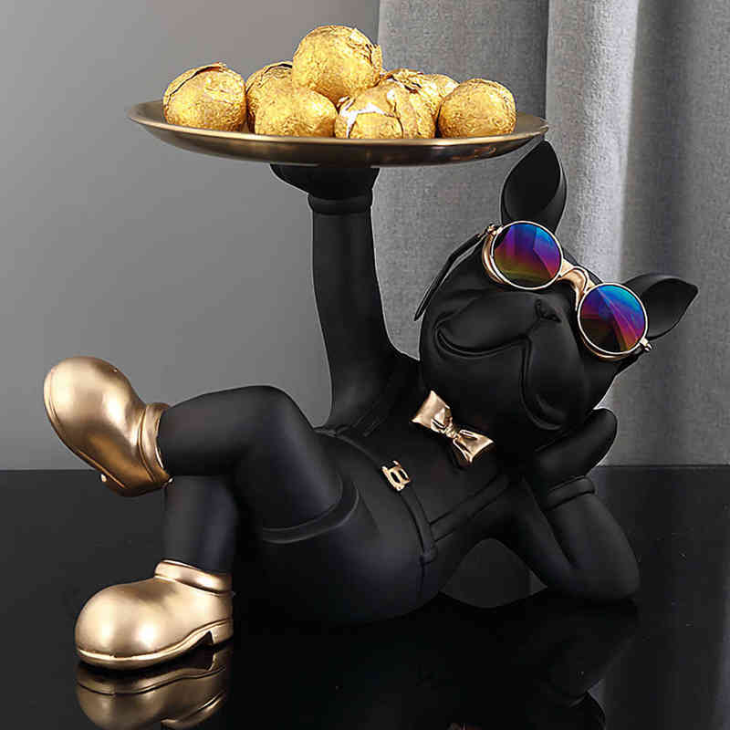 Decorative Objects Figurines French Bulldog Home Room Decoration Dog Statue Desk Decoration Decorative Stainless Steel Tray Animal Figurines Table Dec