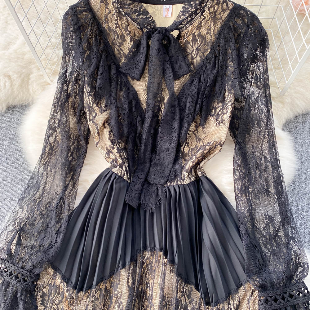 Spring Autumn Elegant Women Bow Lace Patchwork Dress Vintage Puff Sleeve Ruffled Long Dress Pleated Dress for Party 2023