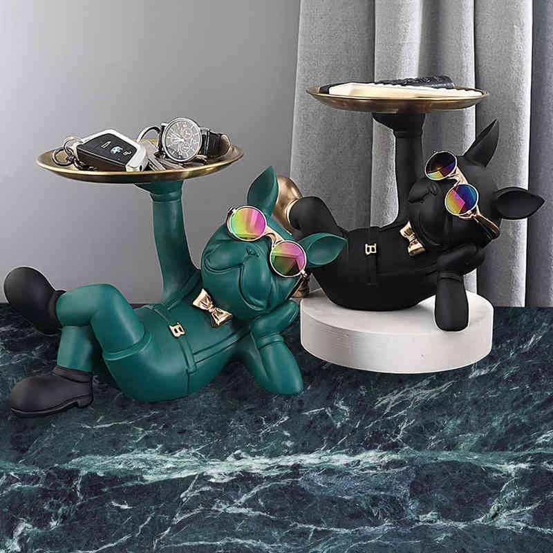 Decorative Objects Figurines French Bulldog Home Room Decoration Dog Statue Desk Decoration Decorative Stainless Steel Tray Animal Figurines Table Dec