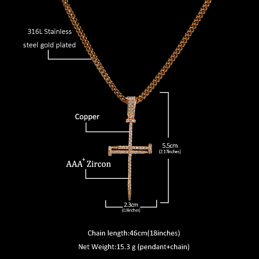 Hip Hop Nail Cross Pendant Necklace TopBling Religious Jewelry Full Cubic Zirconia 18K Real Gold Plated