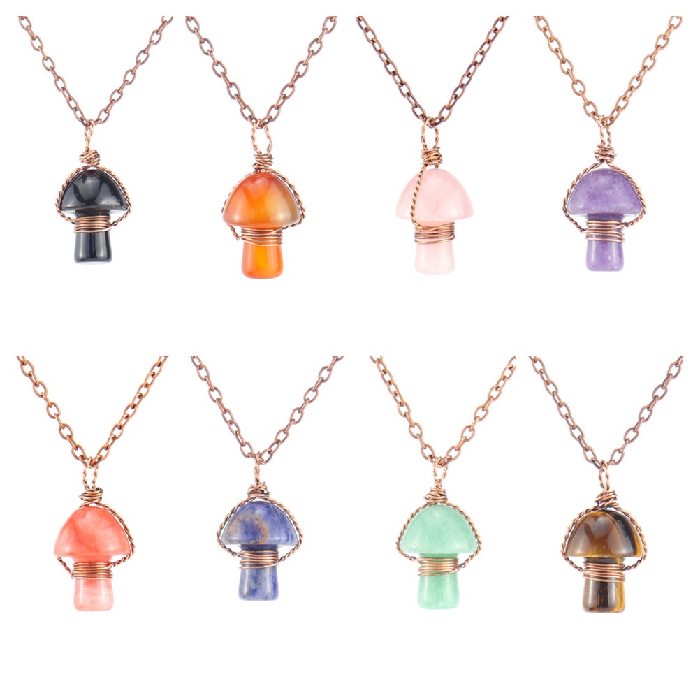 Natural Stone Wire Wrap Carving Mushroom Pendant Reiki Healing Crystal Tiger Eye Quartz Aventurines Necklace for Women Jewelry