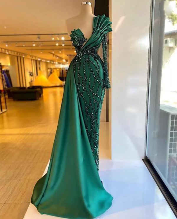 Emerald Green Mermaid Evening Dresses One Shoulder Long Sleeve Sequins Prom Dress Ruffles Glitter Celebrity Party Gown