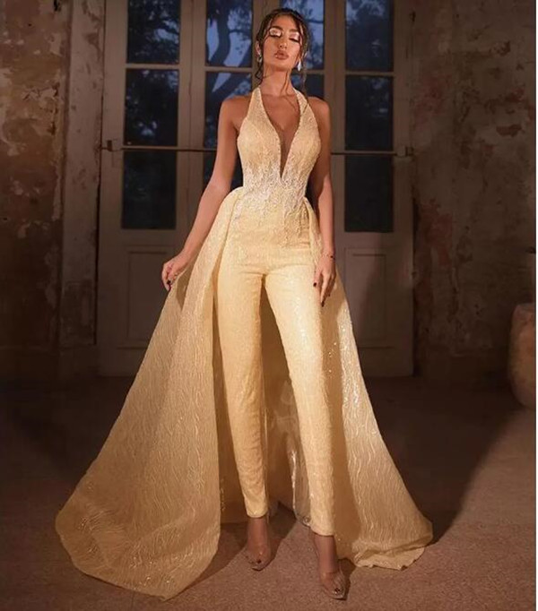 Champagne Gold Wedding Dress jumpsuit with detachable train 2023 Halter Lace Appliqued Shiny Bridal Gown Pant Suit