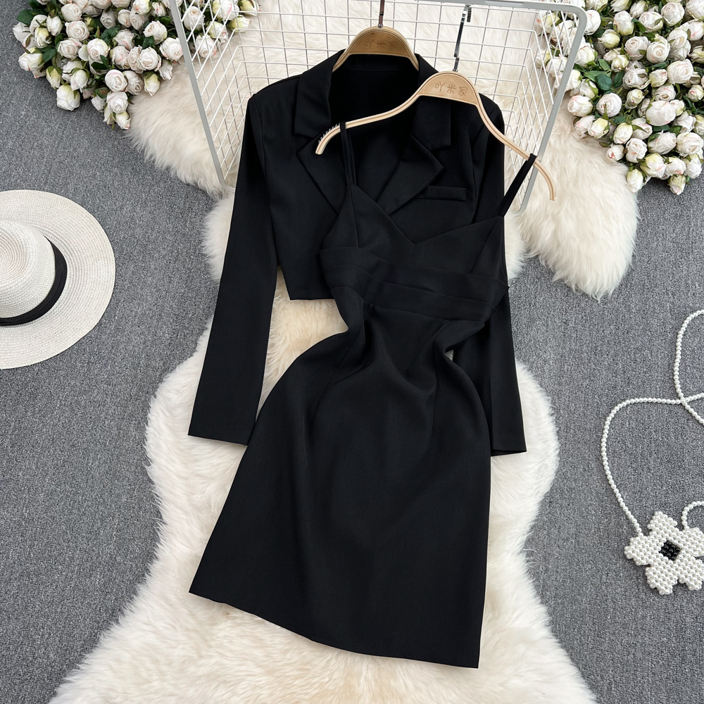 High level sensation Street two-piece suit dress womens spring and autumn new fashion high waisted short coat suspender
