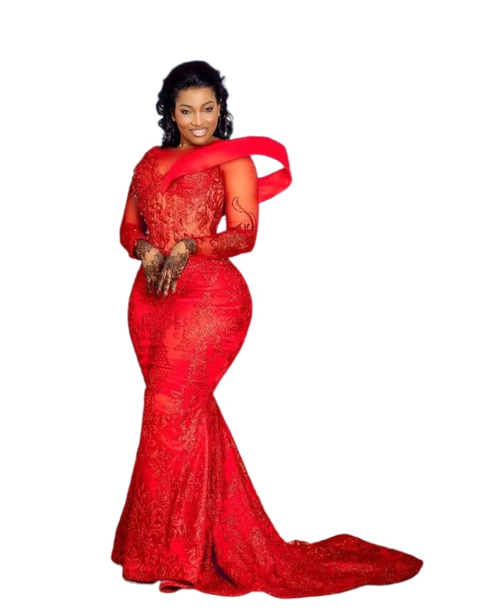 Illusion Long Sleeve Mermaid Prom Dresses Full Lace Applique Beaded O-neck Plus Size Aso Ebi India Occasion Evening Gown