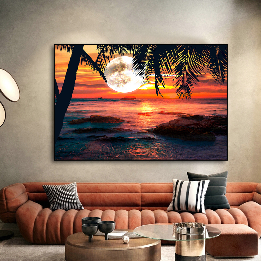 Abstract Sunset River Trees Moon Painting Modern Canvas Posters And Prints Wall Art Picture For Living Room Bedroom Decoration