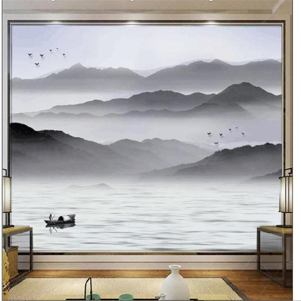 Chinese 3d wallpaper black white mountain TV background wall wallpaper living room film and television wallpaper mural tea room 3d wallpapers