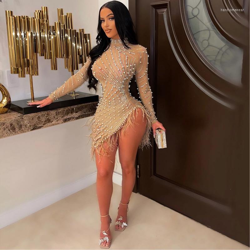 Tassel Feather Dimoand Sheer Mesh Party Dress Pearls Women Glam Night Sparkle Rhinestone Fringed Birthday Outfits