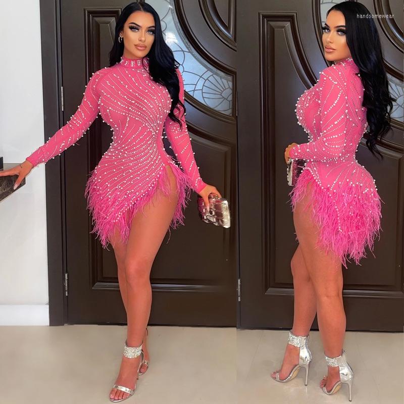 Tassel Feather Dimoand Sheer Mesh Party Dress Pearls Women Glam Night Sparkle Rhinestone Fringed Birthday Outfits