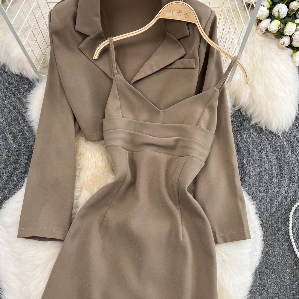 High level sensation Street two-piece suit dress womens spring and autumn new fashion high waisted short coat suspender