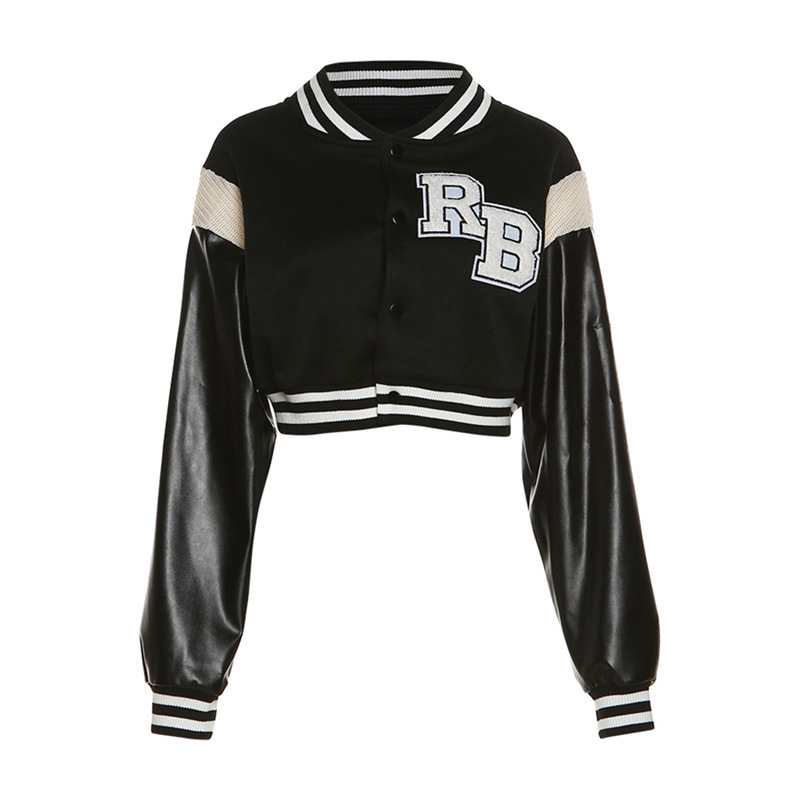 Women jacket autumn new clothing fashion embroidered patch fabric splicing Faux Leather loose stand collar Baseball Jacket