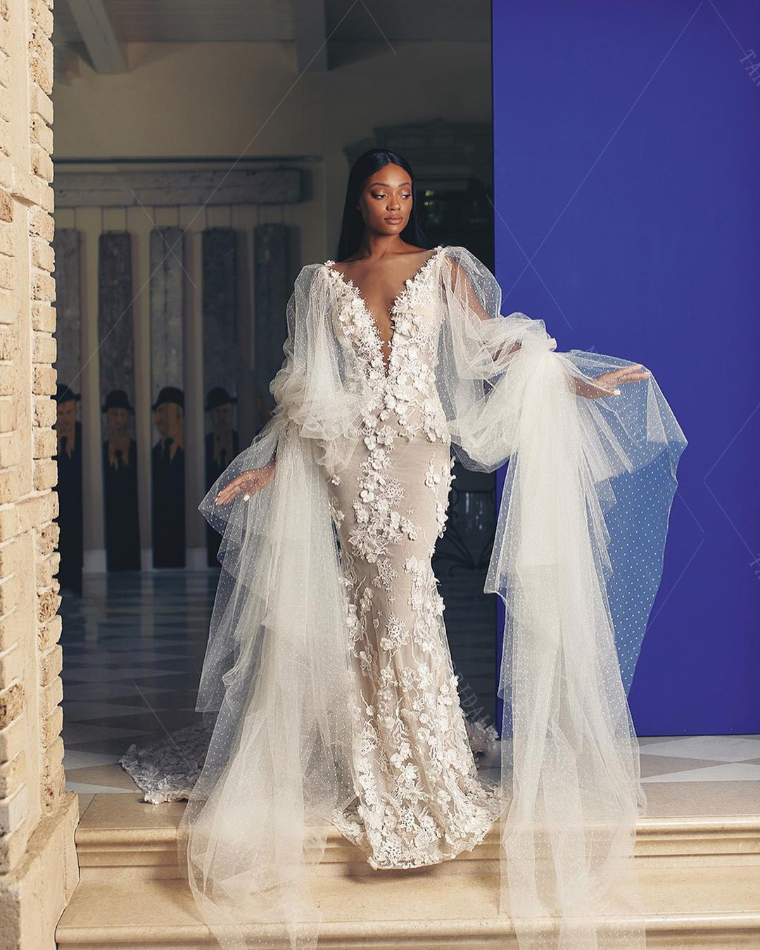 Fashion Dot Tulle Puffy Sleeves Wedding Dress Dazzling Lace Floral Backless Champagne Lining Garden Mermaid Bridal Gown