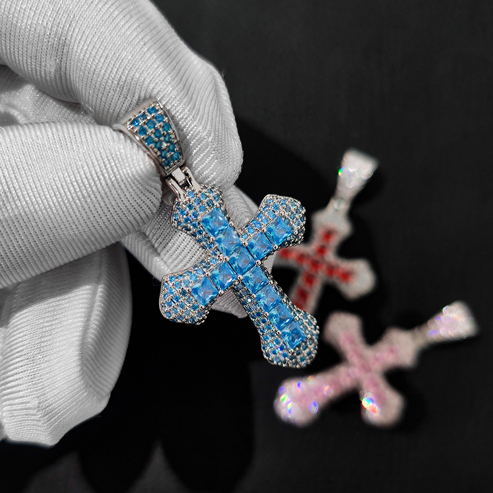 Hip Hop Full Colorful Cubic Zirconia Cross Pendant Necklace Religious Jewelry