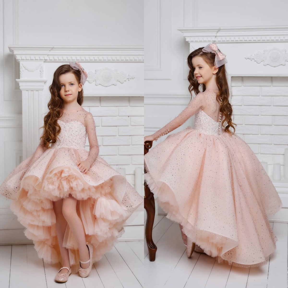 Blush Pink Flower Girl Dresses For Wedding High Low Beaded Long Sleeve Pageant Gowns For Photoshoot Tulle First Communion Dress