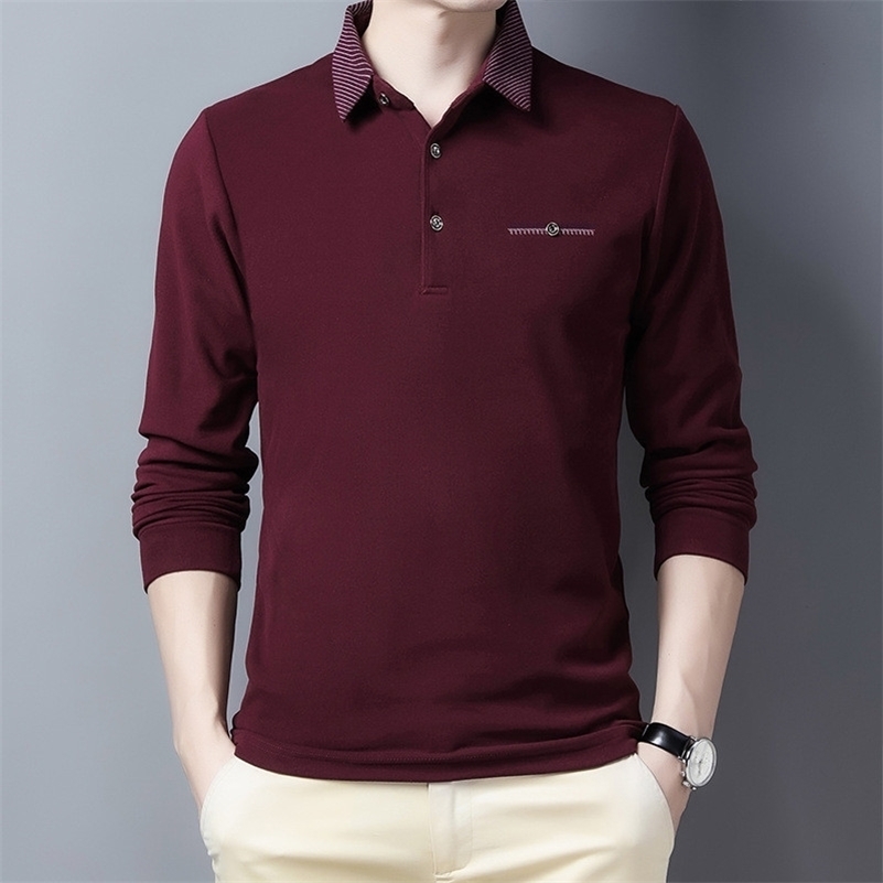 Men's Polos Ymwmhu Wine Red Polo Shirt for Men Long Sleeve Autumn and Spring Collared Shirt Solid Casual Polo Shirt Korean Fashion Clothing 22090