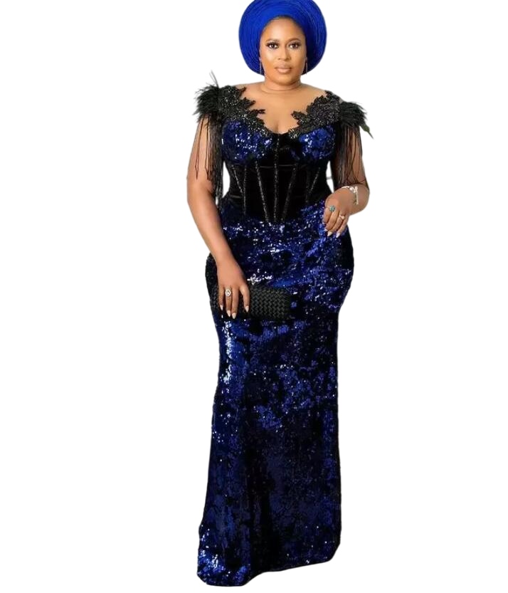 Royal Blue Sequins Valvet African Prom Dresses Sheer O-neck Long Sleeve Lace Beaded Aso Ebi Evening Engagement Gown