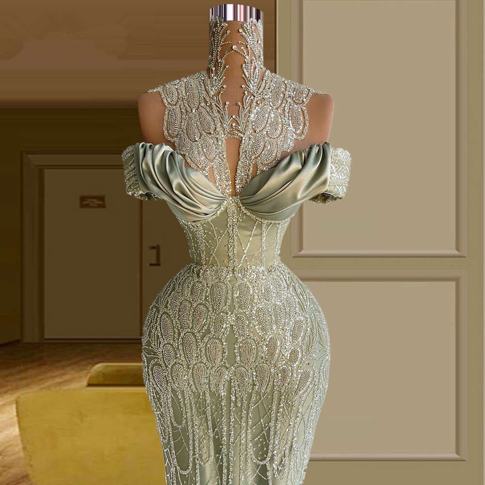 New Design Mermaid Prom Dresses Beaded Lace High Neck Party Dresses Pleats Women Formal Custom Made Evening Dress
