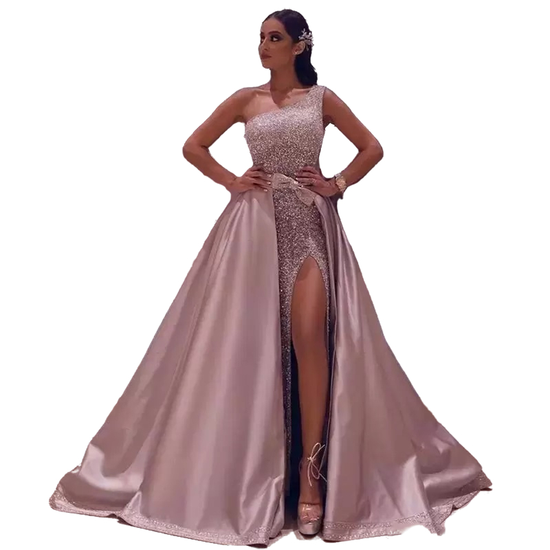 Glitter One Shoulder Sequined Prom Dresses With Detachable Train Beaded Bow Side Split Charming Evening Gowns Sparkly Women Special Occasion Wear