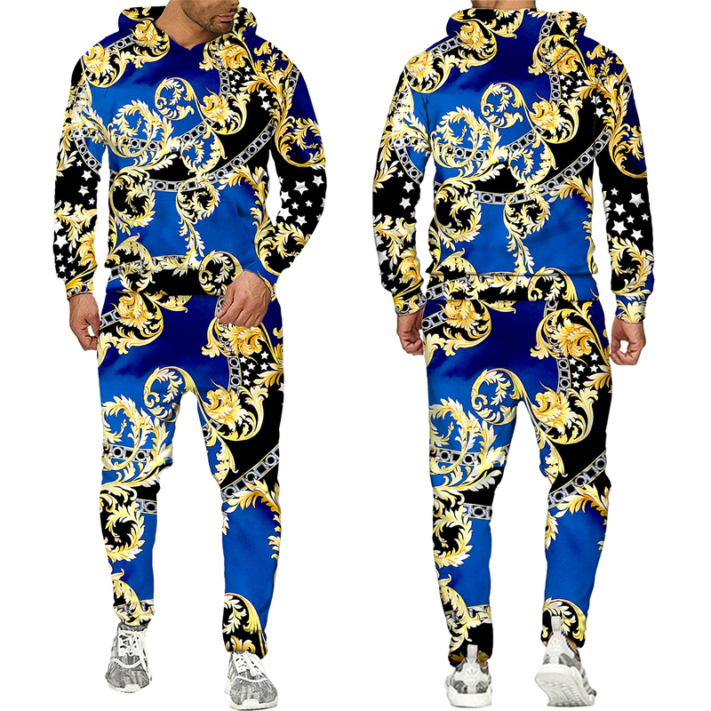 Men's Tracksuits Golden Pattern Chain 3D Printed Men's Tracksuit Hoodie Pants Set Oversize Street Style PulloverTrousersSuits Mens Clothes 2