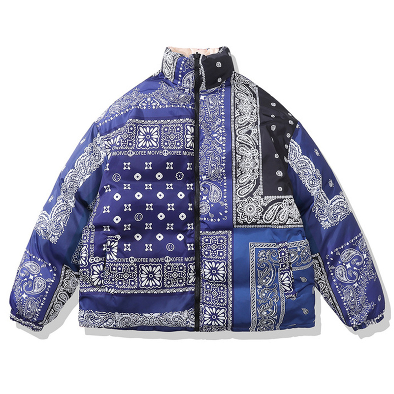 Men's Down Parkas Hip Hop Padded Jacket Men Puffer Parka Streetwear Paisley Bandana Reversible Thick Warm Coats Harajuku Oversized Outdoor 220905