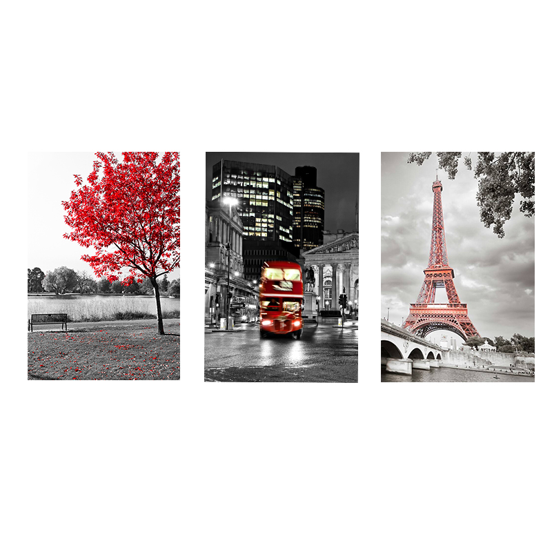 Canvas Painting 3Plane Red Tree Tower Posters and Prints Nordic Style Posters and Prints Wall Art Picture for Living Room Decor