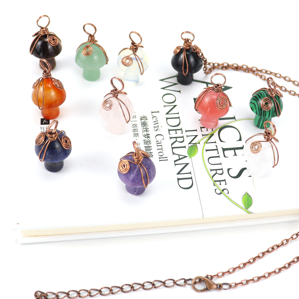 Natural Stone Necklaces Vintage Wire Wrap Carving 2CM Mushroom Pendant Reiki Healing Crystal Tiger Eye Quartz Aventurines Necklace for Women Jewelry
