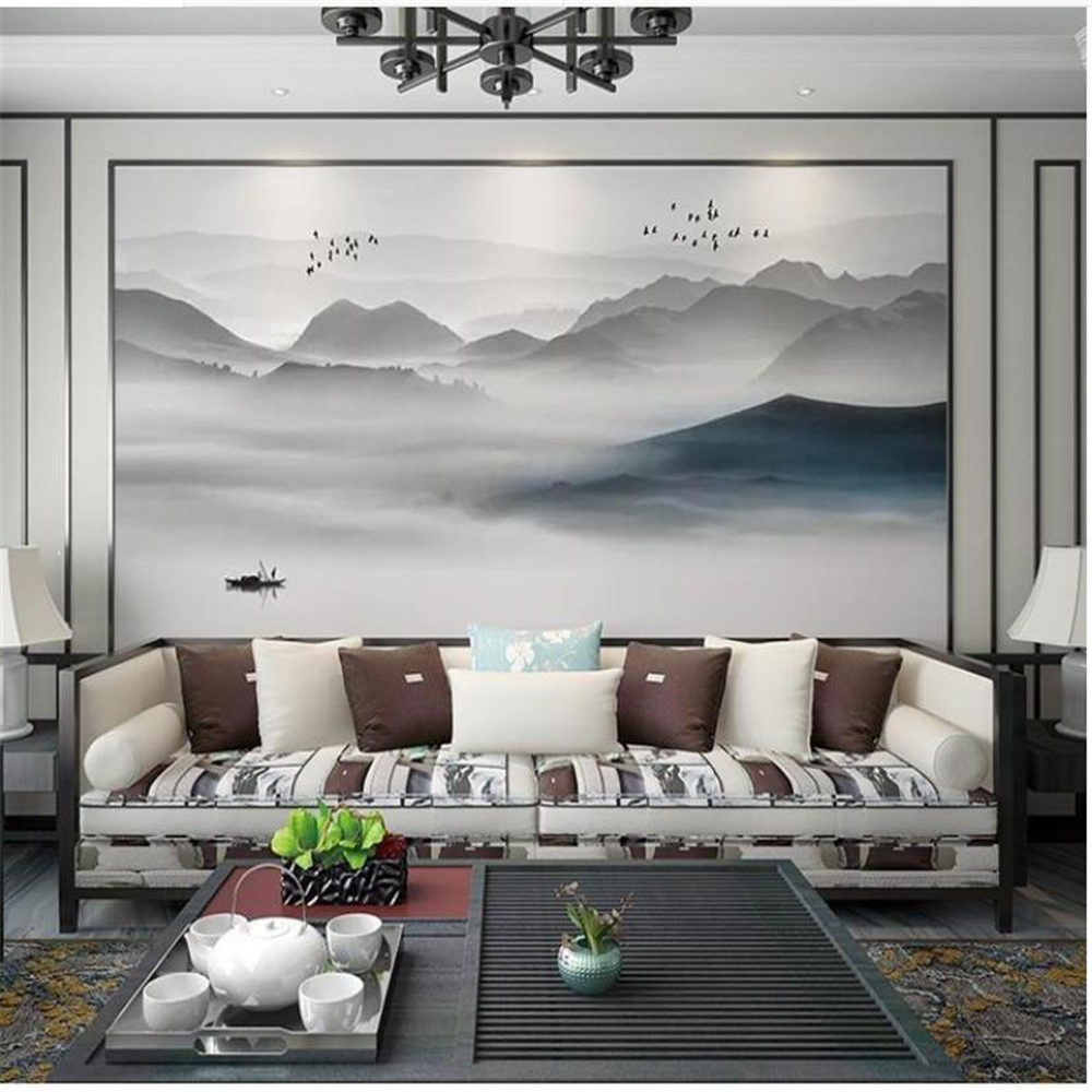 Chinese 3d wallpaper black white mountain TV background wall wallpaper living room film and television wallpaper mural tea room 3d wallpapers