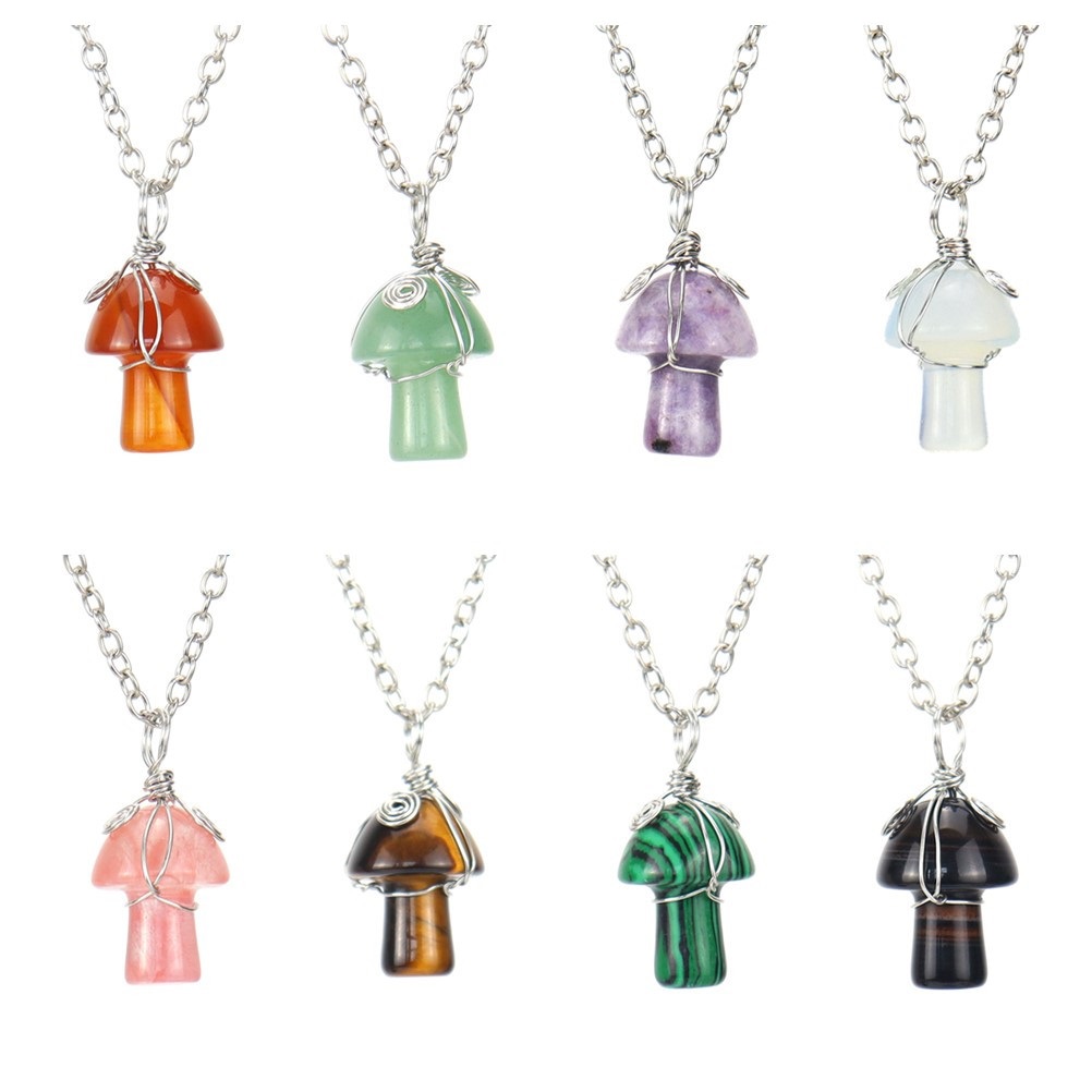 Natural Stone Wire Wrap Carving Mushroom Pendant Reiki Healing Crystal Tiger Eye Quartz Aventurines Necklace for Women Jewelry