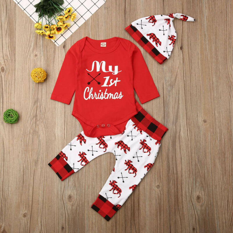 Clothing Sets Lovely Baby Boy My First Christmas Letter Romper Kids T-Shirts Pant born Hat Outfits Girl Xmas Set Autumn Clothing 2PCS Sets 220905