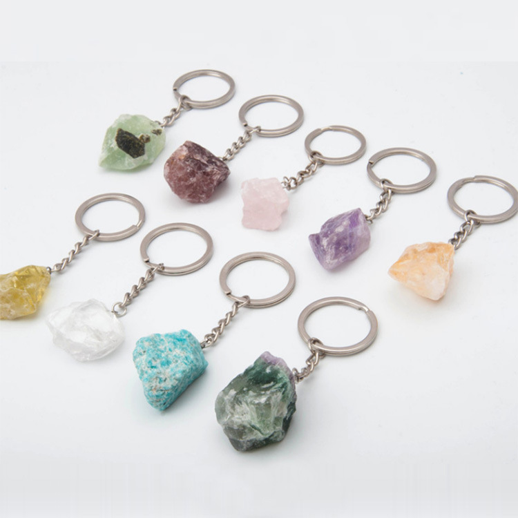 Natural Raw Stone Fluorite Amethyst Key Rings Keychains Car Decor Key Chain Keyholder