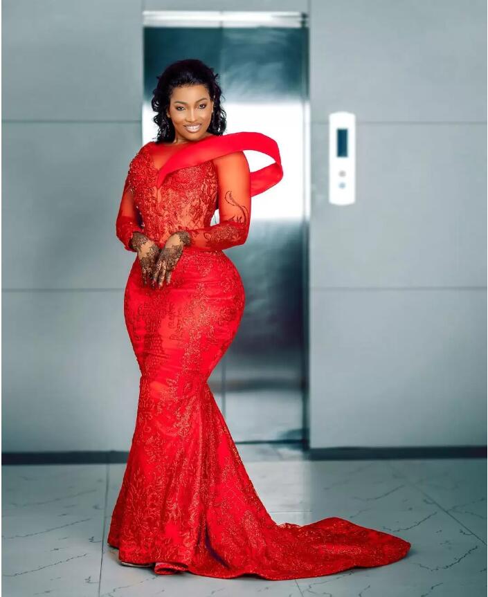 Illusion Long Sleeve Mermaid Prom Dresses Full Lace Applique Beaded O-neck Plus Size Aso Ebi India Occasion Evening Gown