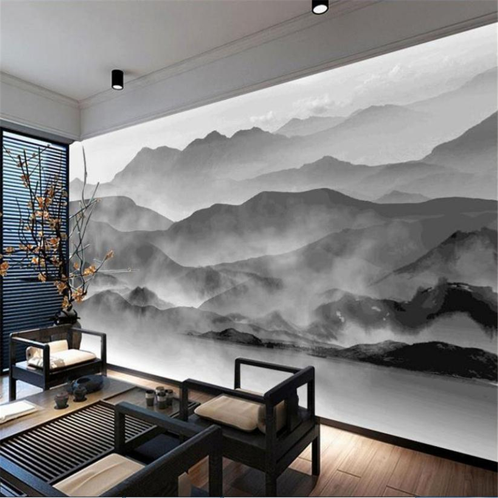 Chinese 3d wallpaper black white mountain TV background wall wallpaper living room film and television wallpaper mural tea room 3d wallpapers