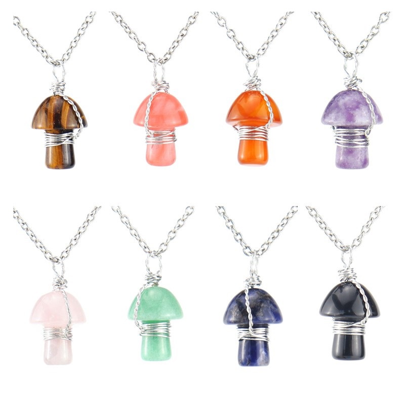 Natural Stone Wire Wrap Carving Mushroom Pendant Reiki Healing Crystal Tiger Eye Quartz Aventurines Necklace for Women Jewelry