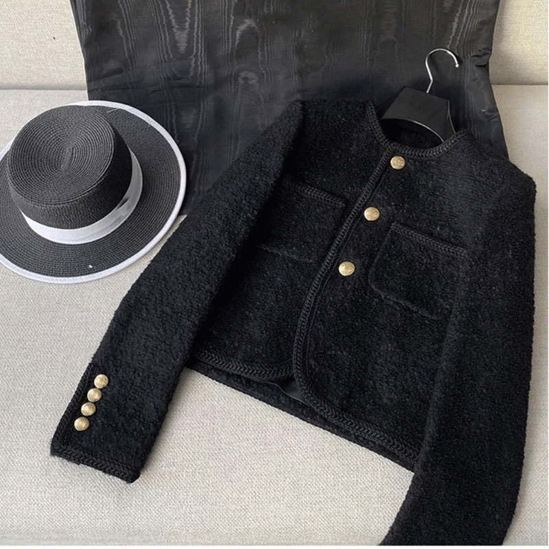 Womens Jackets High Quality Women Fashion Jackets Black Tweed Two Pockets Golden Buttons Elegant Coats Spring Autumn Women Clothes 220909