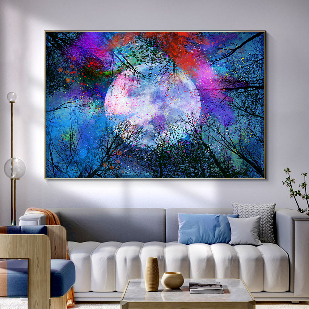 Abstract Sunset River Trees Moon Painting Modern Canvas Posters And Prints Wall Art Picture For Living Room Bedroom Decoration