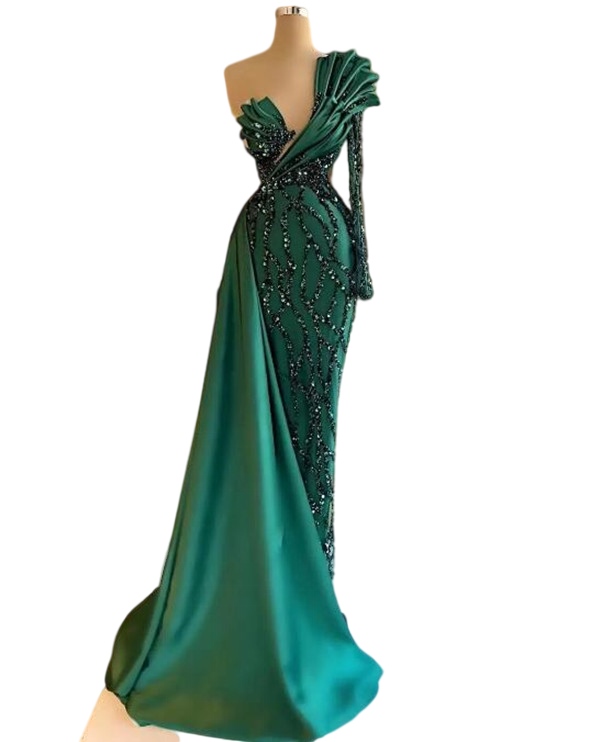 Emerald Green Mermaid Evening Dresses One Shoulder Long Sleeve Sequins Prom Dress Ruffles Glitter Celebrity Party Gown