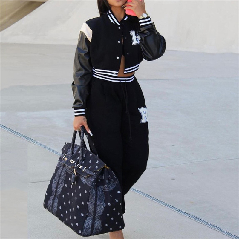 Women jacket autumn new clothing fashion embroidered patch fabric splicing Faux Leather loose stand collar Baseball Jacket