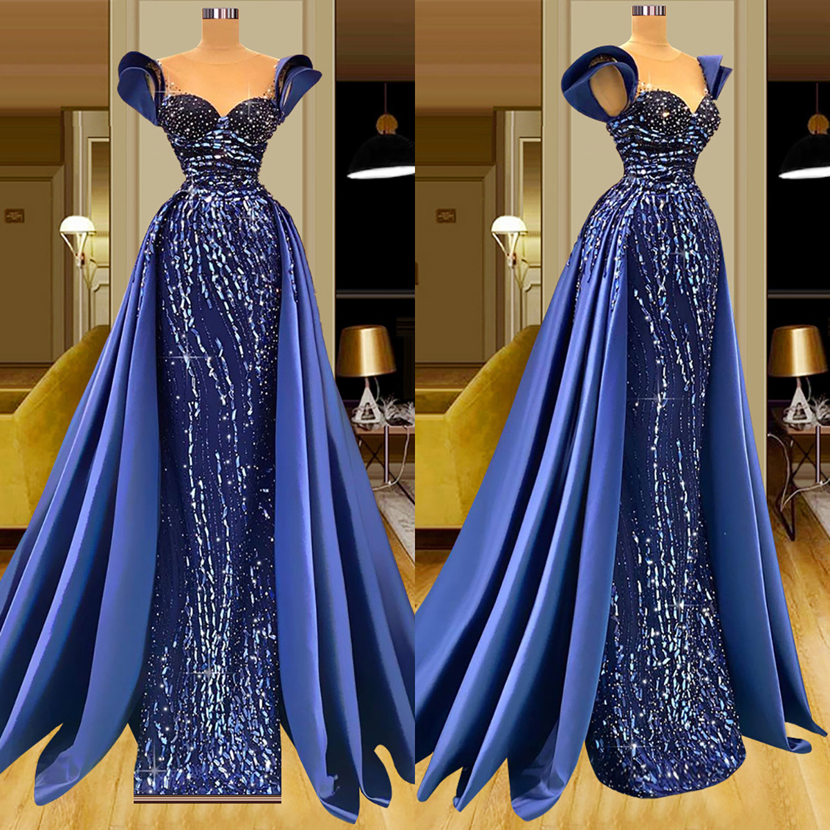 Dark Blue Mermaid Evening Dresses Sleeveless Deep V Neck 3D Lace Satin Beaded Floor Length Appliques Sequins Beaded Celebrity Plus Size Party Gowns Pr