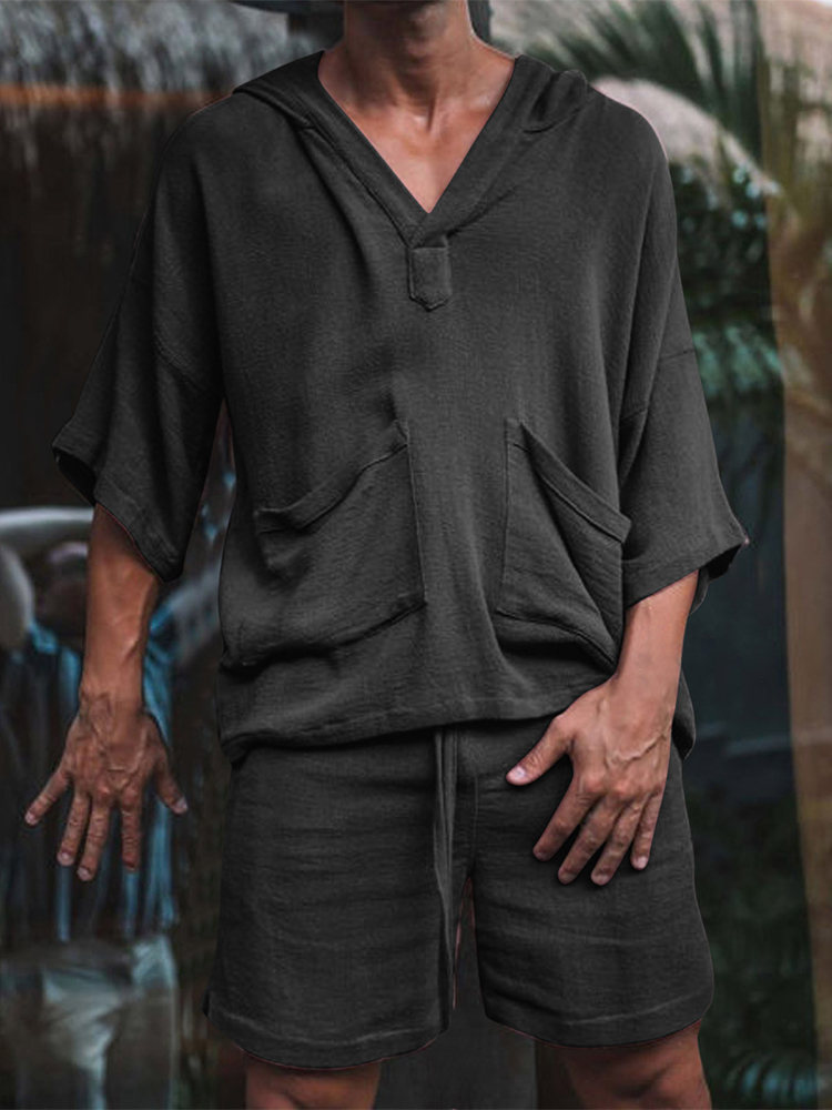 Mens Tracksuits Fashion Men Two Piece Set Casual Cotton Linen Solid Loose Outfits Summer Half Sleeve VNeck TShirt And Shorts Suits For Mens 220905