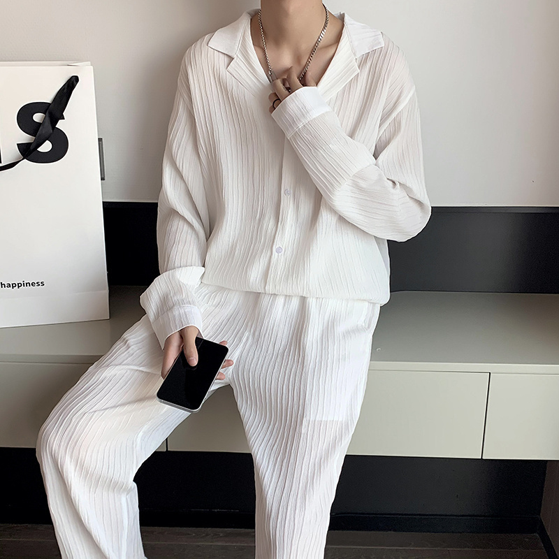 Mens Tracksuits Black White Pleated Sets Men Fashion Casual Longsleeved ShirtTrousers Twopiece Men Korean Loose Oversized Clothing Mens Suit 220905
