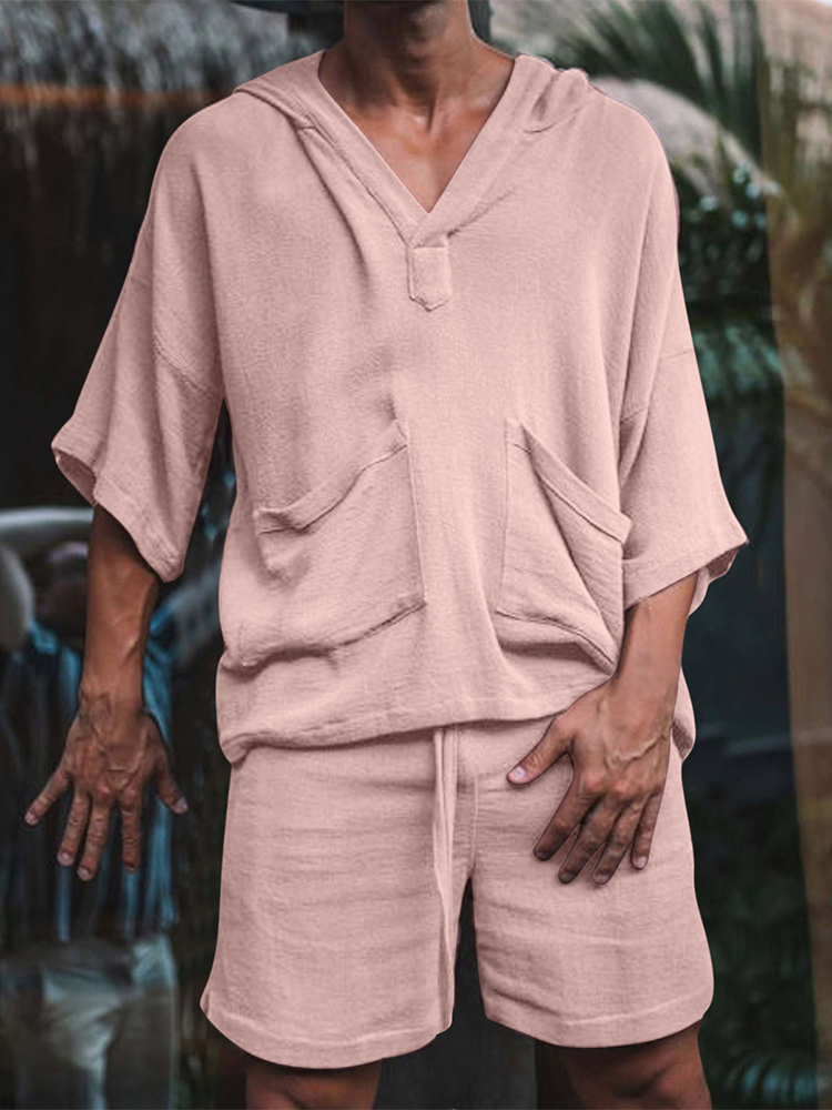 Mens Tracksuits Fashion Men Two Piece Set Casual Cotton Linen Solid Loose Outfits Summer Half Sleeve VNeck TShirt And Shorts Suits For Mens 220905