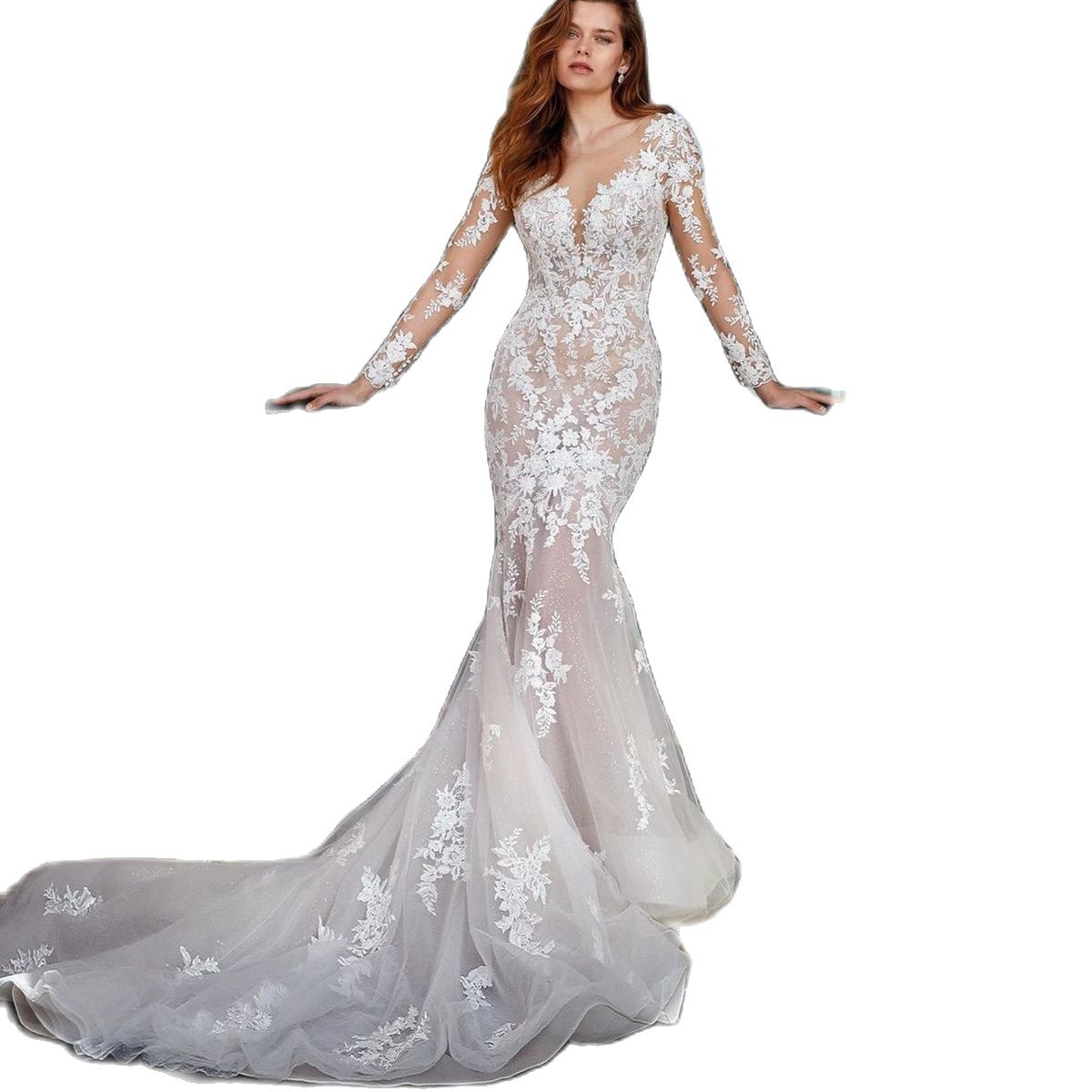 Lace Mermaid Simple Wedding Dresses V Neck Floral Applique Bridal Gowns Custom Made Long Sleeve Detachable Train Formal Dress