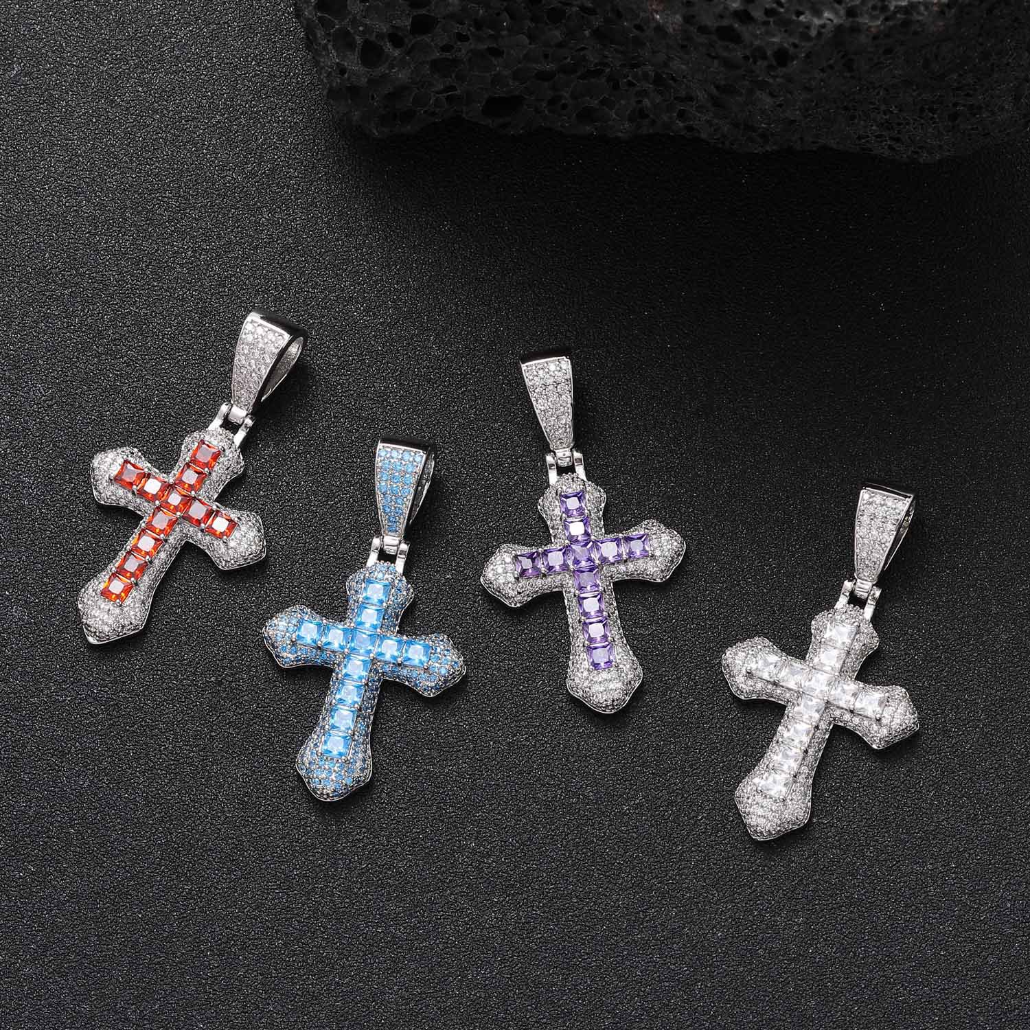 Hip Hop Full Colorful Cubic Zirconia Cross Pendant Necklace Religious Jewelry