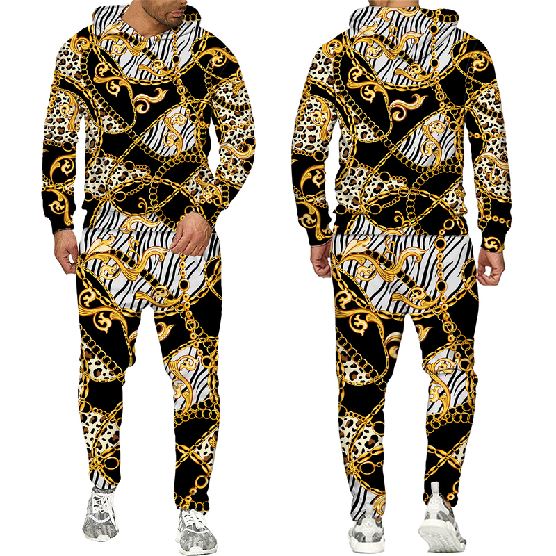 Men's Tracksuits Golden Pattern Chain 3D Printed Men's Tracksuit Hoodie Pants Set Oversize Street Style PulloverTrousersSuits Mens Clothes 2