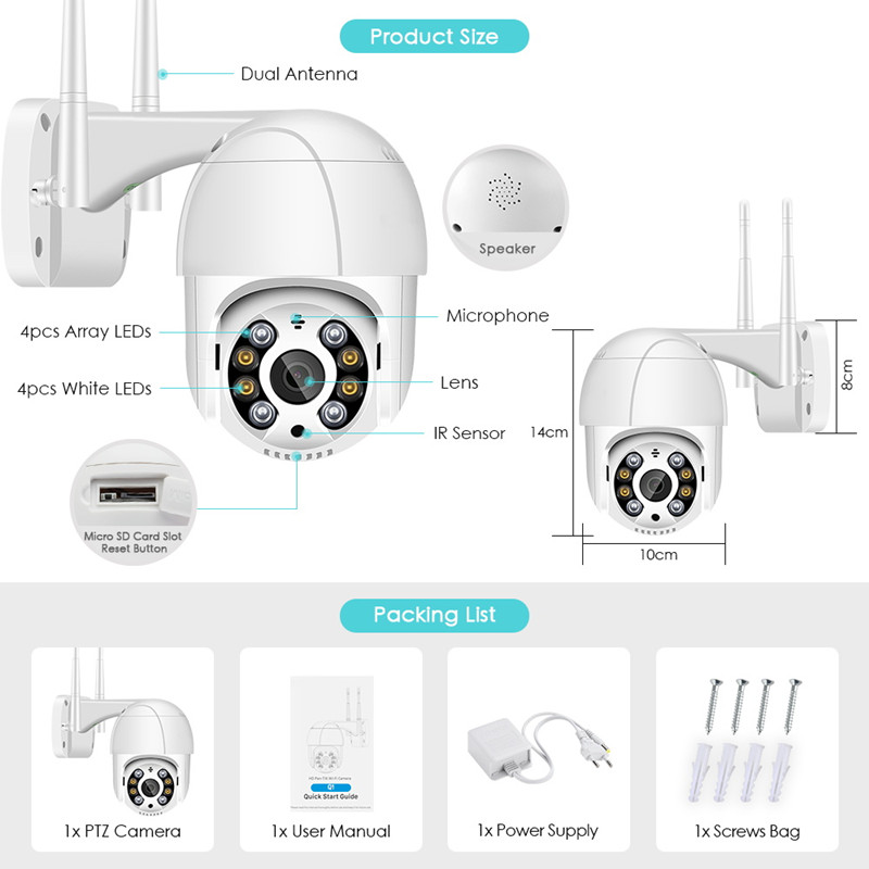 2MP 1080P PTZ WiFi Camera Motion Two Voice Alert Human Detection Outdoor IP Camera Audio IR Night Vision Video CCTV Surveillan