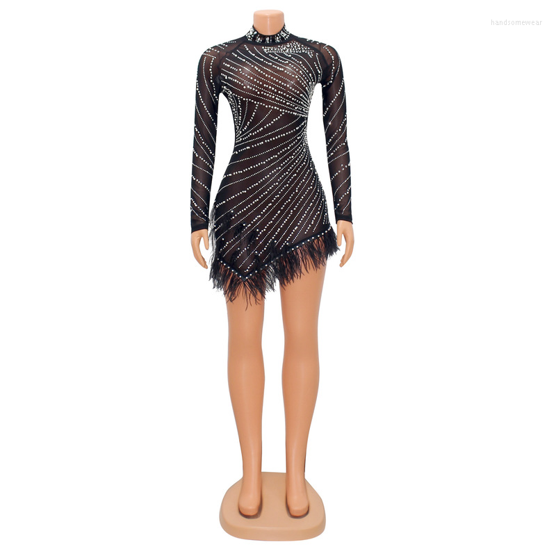 Tassel Feather Dimoand Sheer Mesh Party Dress Pearls Women Glam Night Sparkle Rhinestone Fringed Birthday Outfits