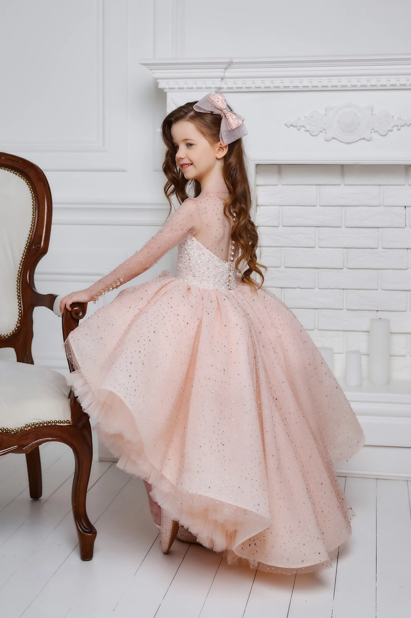 Blush Pink Flower Girl Dresses For Wedding High Low Beaded Long Sleeve Pageant Gowns For Photoshoot Tulle First Communion Dress