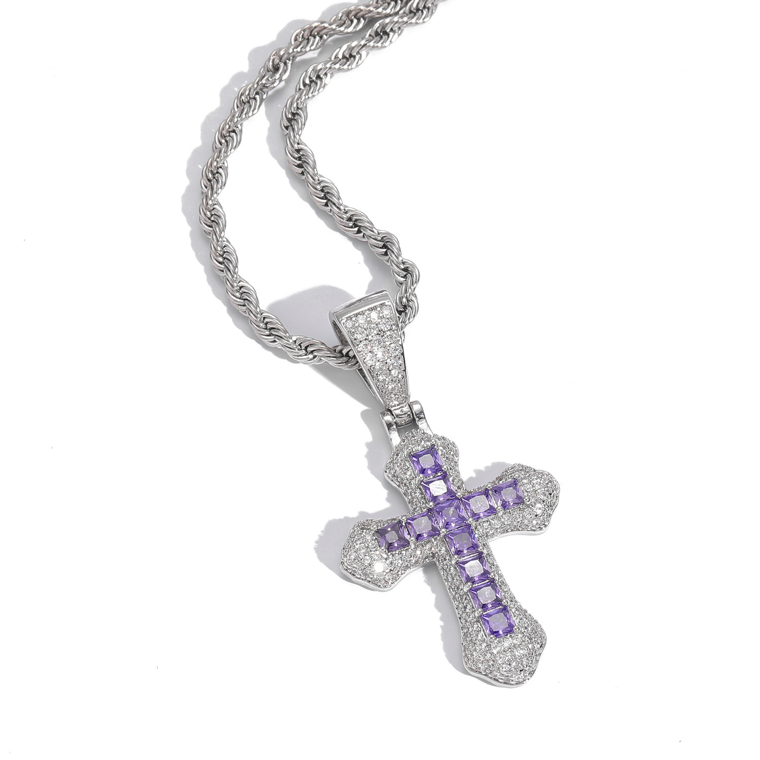 Hip Hop Full Colorful Cubic Zirconia Cross Pendant Necklace Religious Jewelry