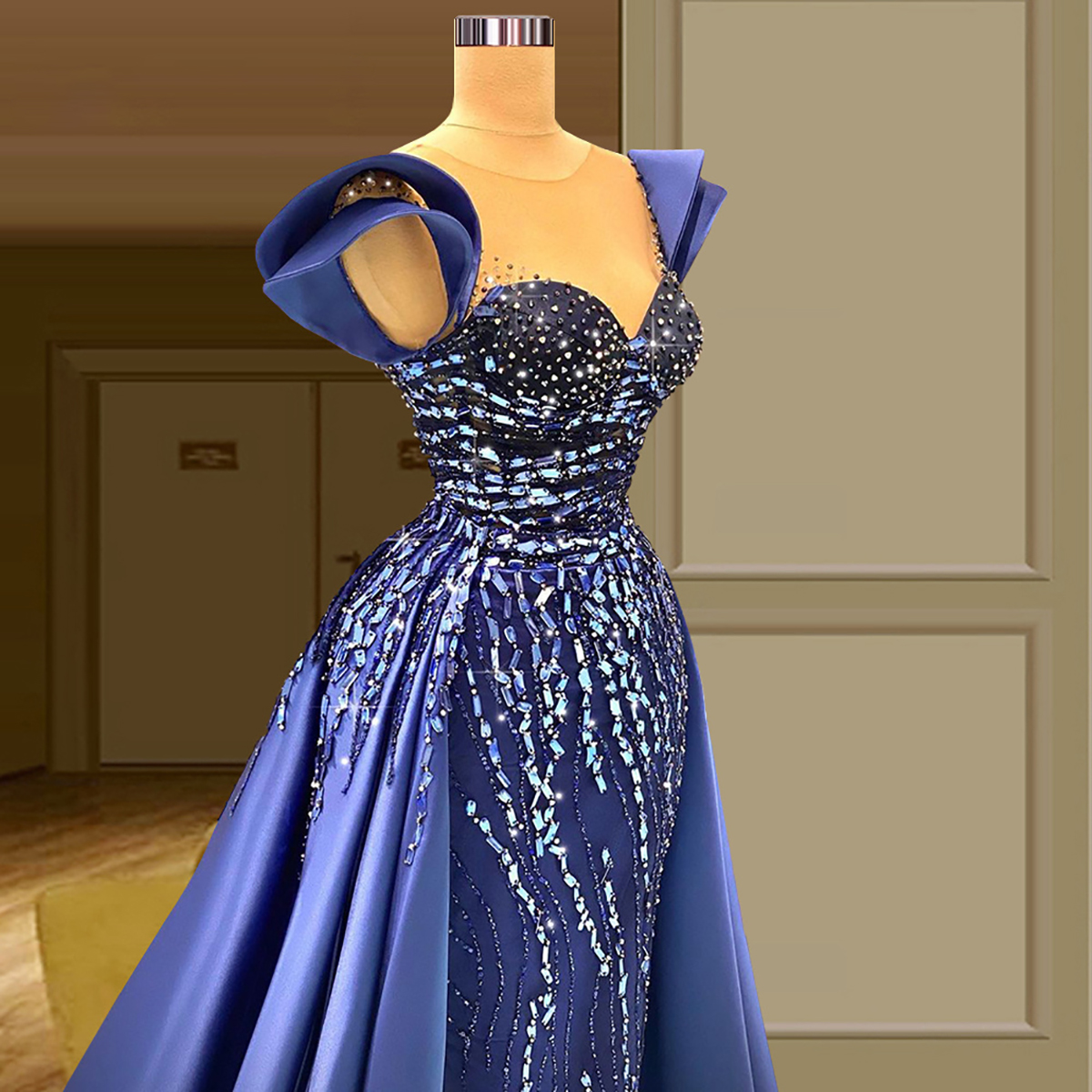 Dark Blue Mermaid Evening Dresses Sleeveless Deep V Neck 3D Lace Satin Beaded Floor Length Appliques Sequins Beaded Celebrity Plus Size Party Gowns Pr