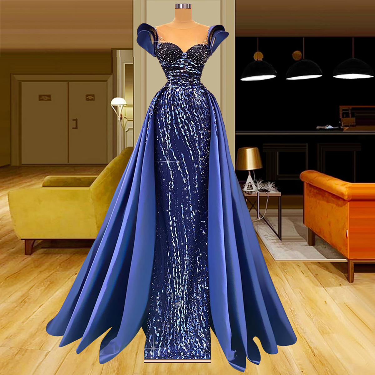 Dark Blue Mermaid Evening Dresses Sleeveless Deep V Neck 3D Lace Satin Beaded Floor Length Appliques Sequins Beaded Celebrity Plus Size Party Gowns Pr